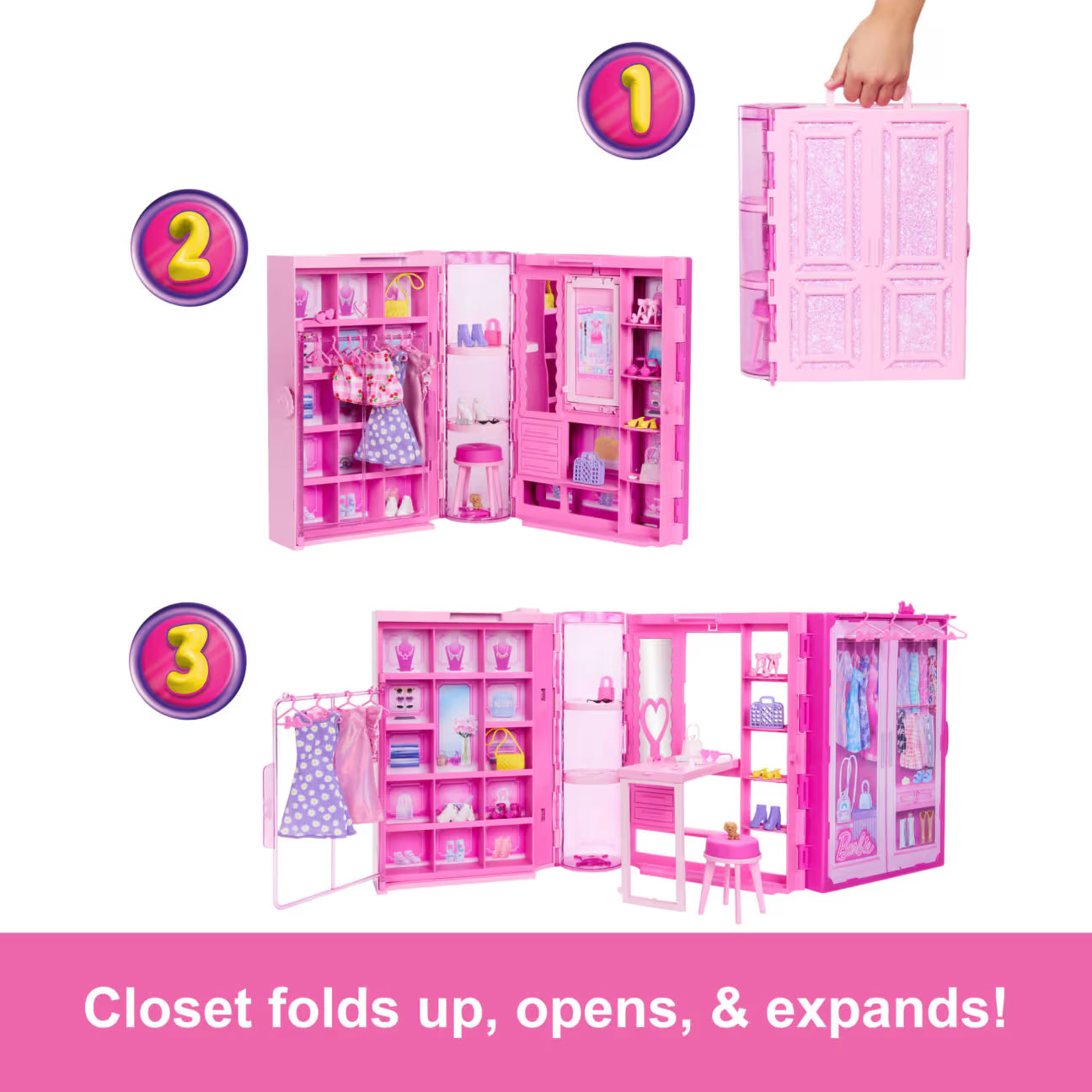 Pink toy closet with open doors, displaying dolls and accessories, on a white background.