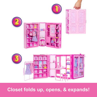 Pink toy closet with open doors, displaying dolls and accessories, on a white background.