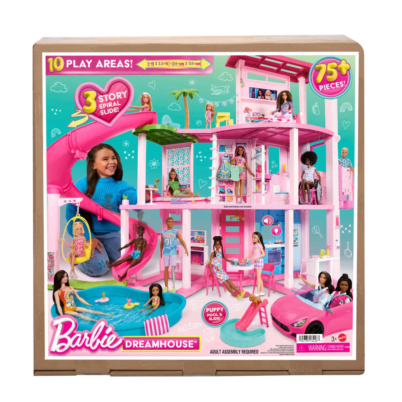 Barbie Dreamhouse toy set packaging with dolls and accessories on a white background