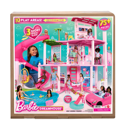 Barbie Dreamhouse toy set packaging with dolls and accessories on a white background