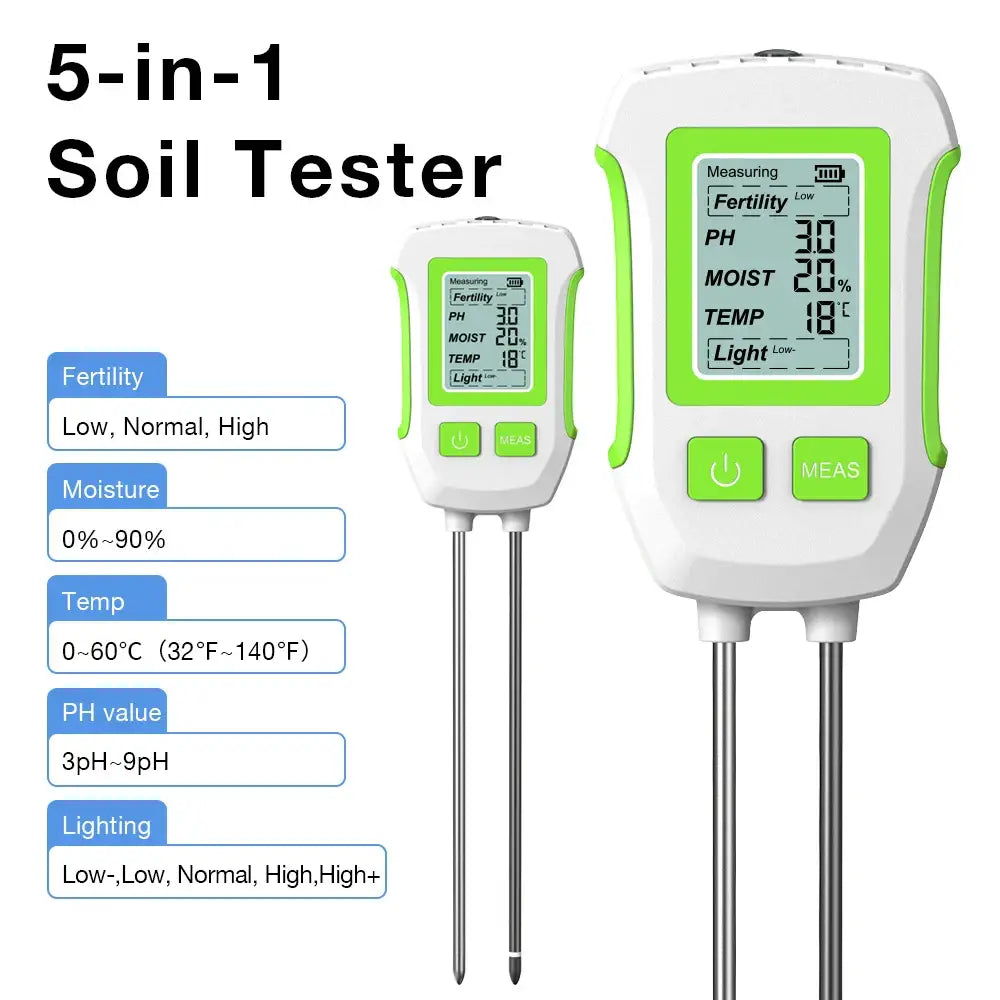 LCD 3/5-in-1 Handheld Soil Tester for pH, Moisture & Light (different colours & sets available)
