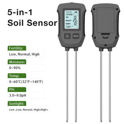 LCD 3/5-in-1 Handheld Soil Tester for pH, Moisture & Light (different colours & sets available)
