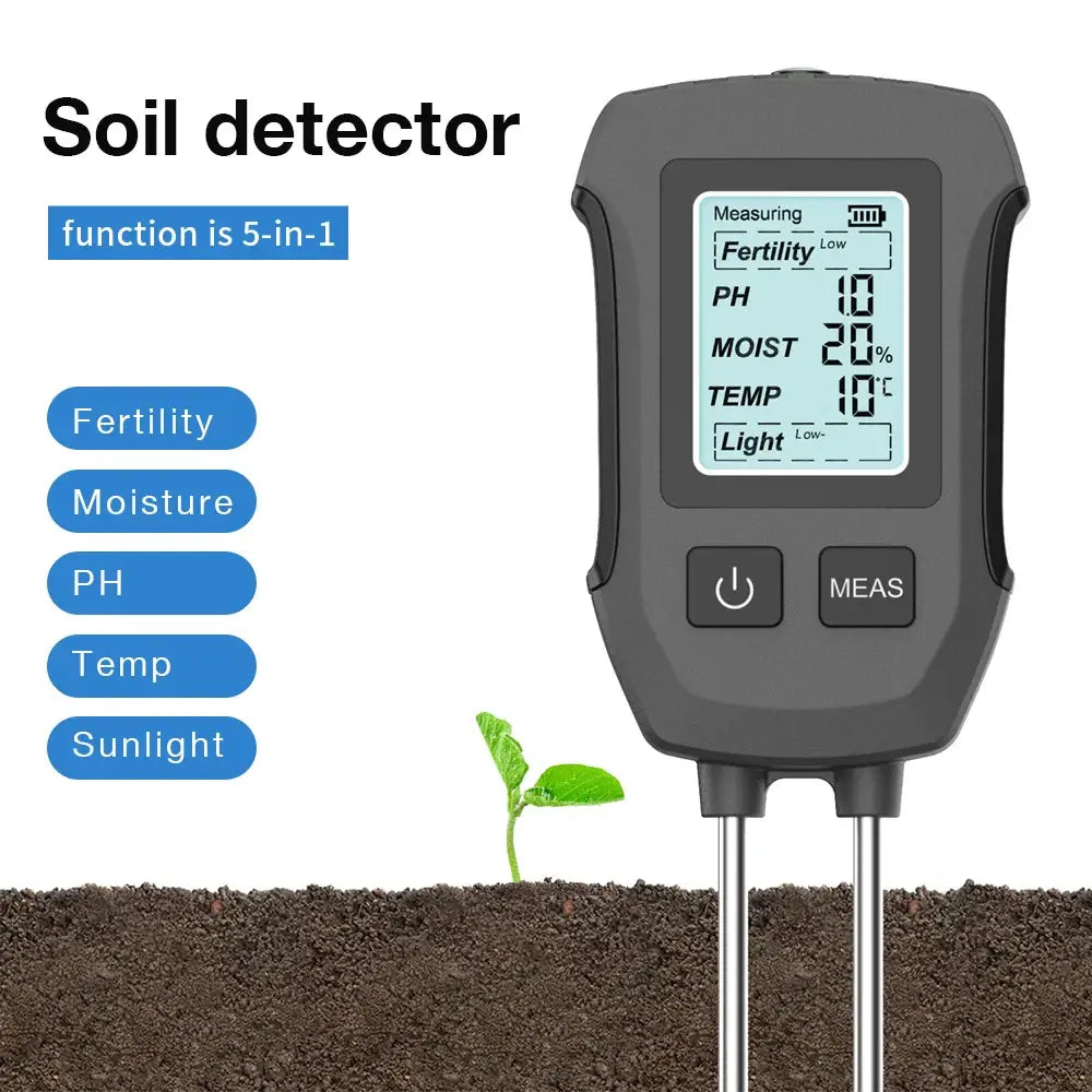 LCD 3/5-in-1 Handheld Soil Tester for pH, Moisture & Light (different colours & sets available)