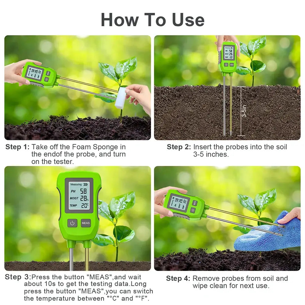LCD 3/5-in-1 Handheld Soil Tester for pH, Moisture & Light (different colours & sets available)