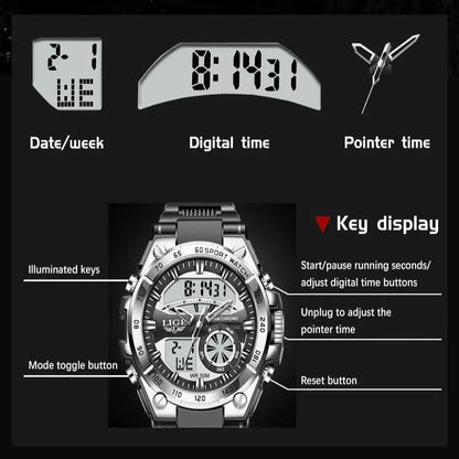 LIGE Men's Digital Sports Watch – LED Display, Quartz Movement, Stopwatch (4 designs available)