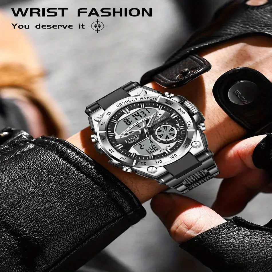 LIGE Men's Digital Sports Watch – LED Display, Quartz Movement, Stopwatch (4 designs available)