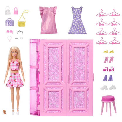 Barbie doll with pink wardrobe, clothes, and accessories on a white background