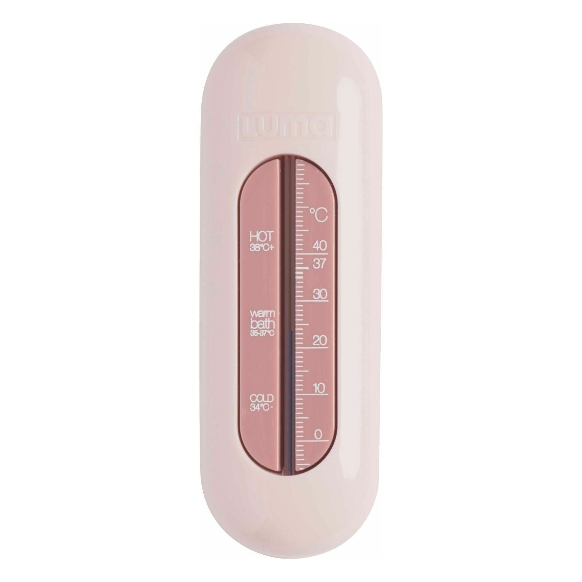 A light pink bath thermometer for babies to ensure the water is at a safe temperature for them.