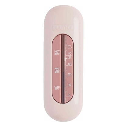 A light pink bath thermometer for babies to ensure the water is at a safe temperature for them.