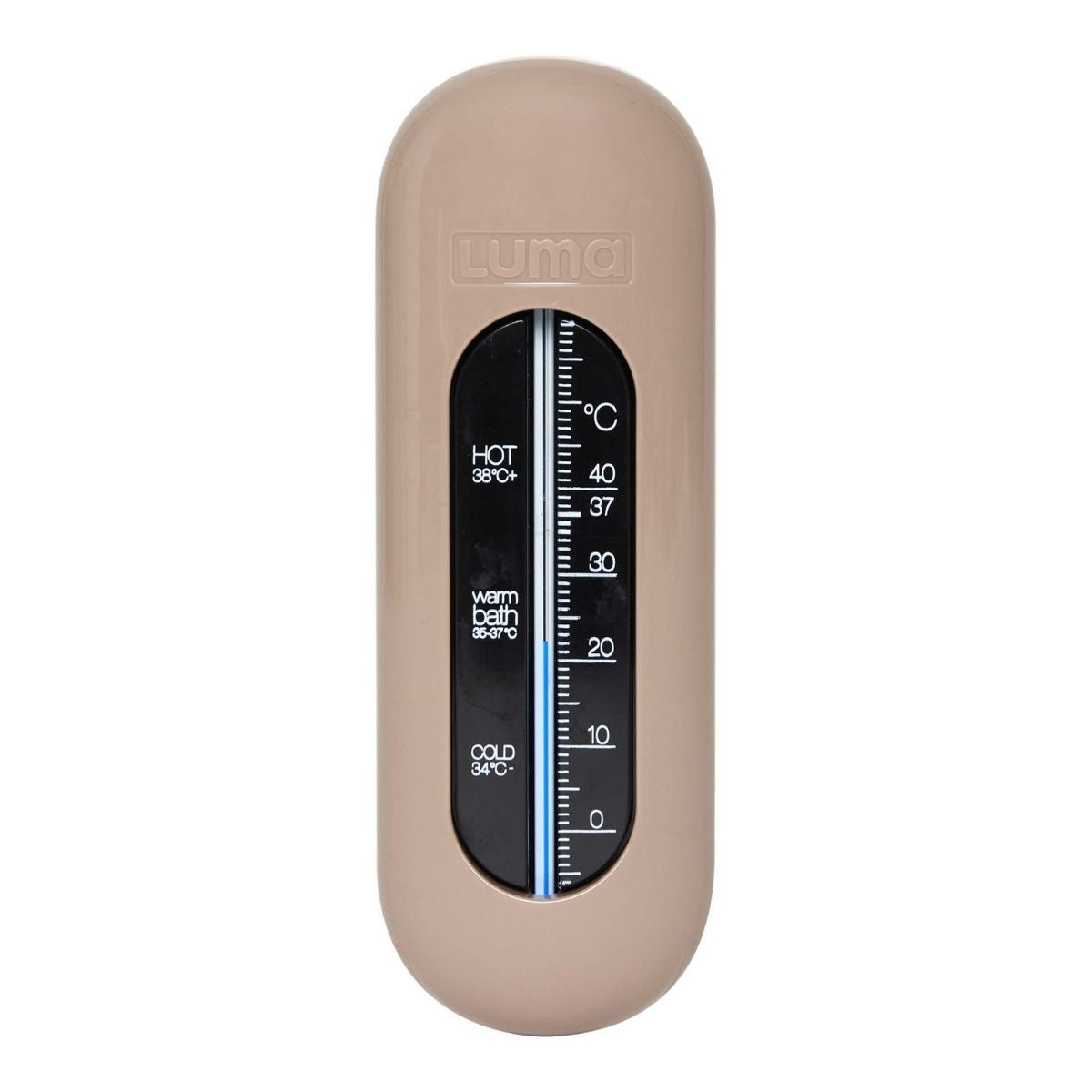 A beige bath thermometer for babies to ensure the water is at a safe temperature for them.