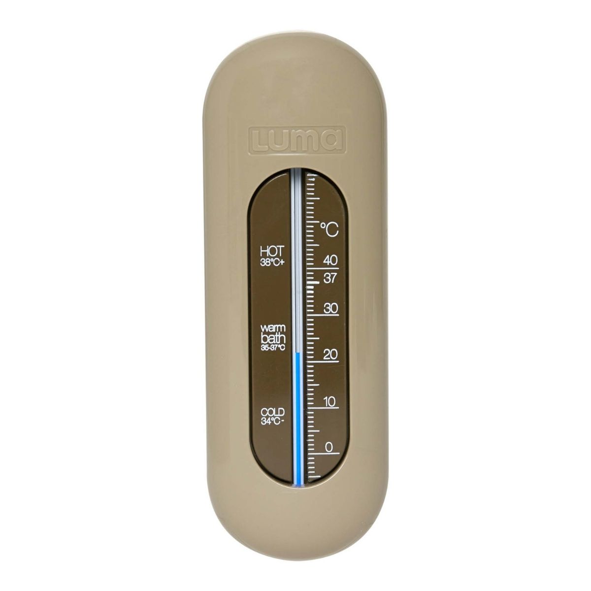 An olive bath thermometer for babies to ensure the water is at a safe temperature for them.