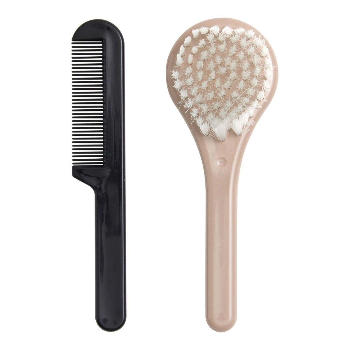A Cream coloured brush and comb set for babies, designed to help prevent cradle cap and stimulate hair follicles.