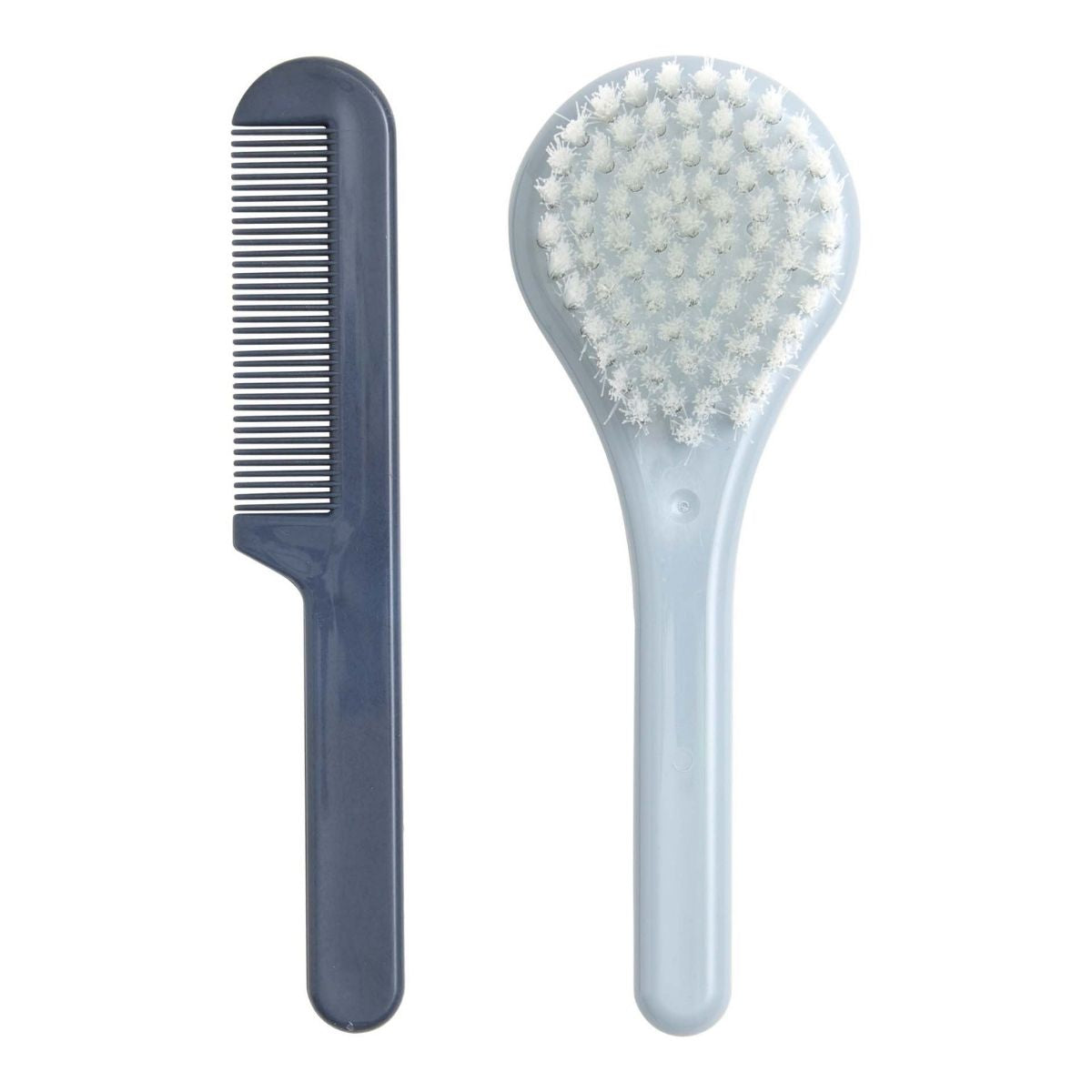 A blue coloured brush and comb set for babies, designed to help prevent cradle cap and stimulate hair follicles.