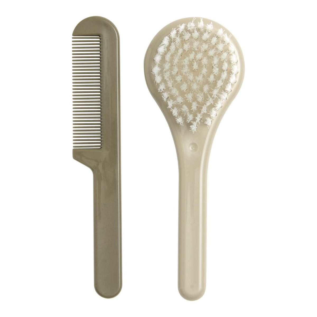 An Olive coloured brush and comb set for babies, designed to help prevent cradle cap and stimulate hair follicles.