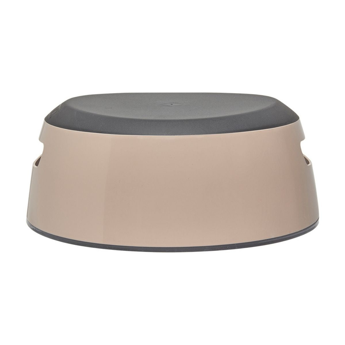 Round beige potty stool with a gray top on a white background