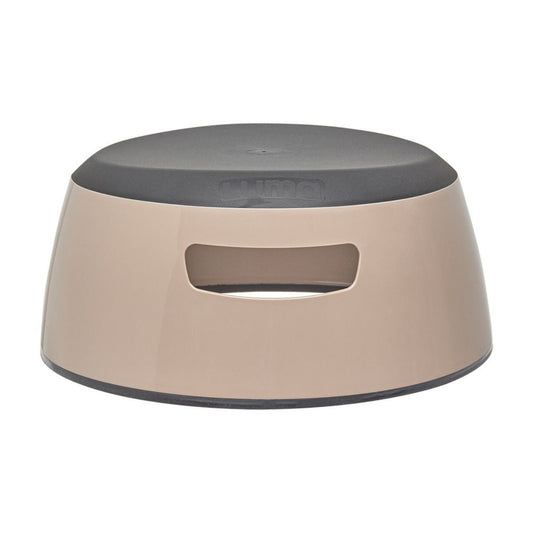 Step stool with a grey top and beige bottom on a white background.