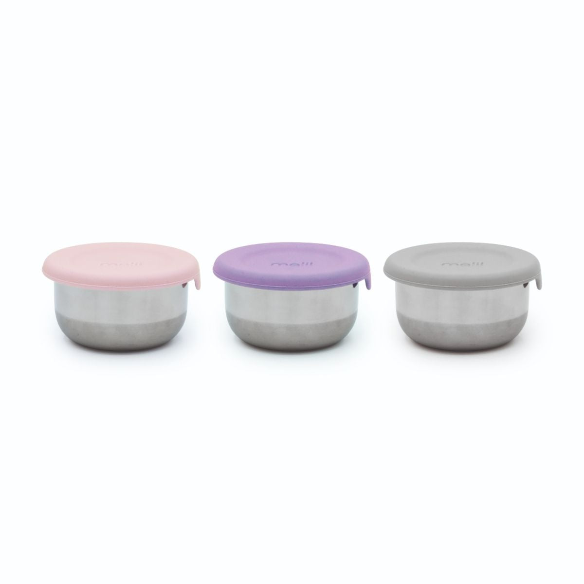 3 Melii Stainless Steel pink, purple and grey containers to hold snacks in.