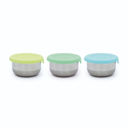 3 Melii Stainless Steel blue, green and mint containers to hold snacks in.