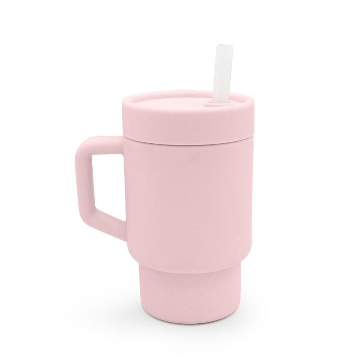 A light pink silicone tumbler that can hold up to 265mls. Perfect for children ages 1-8. Comes with a sippy straw and a chunky handle.