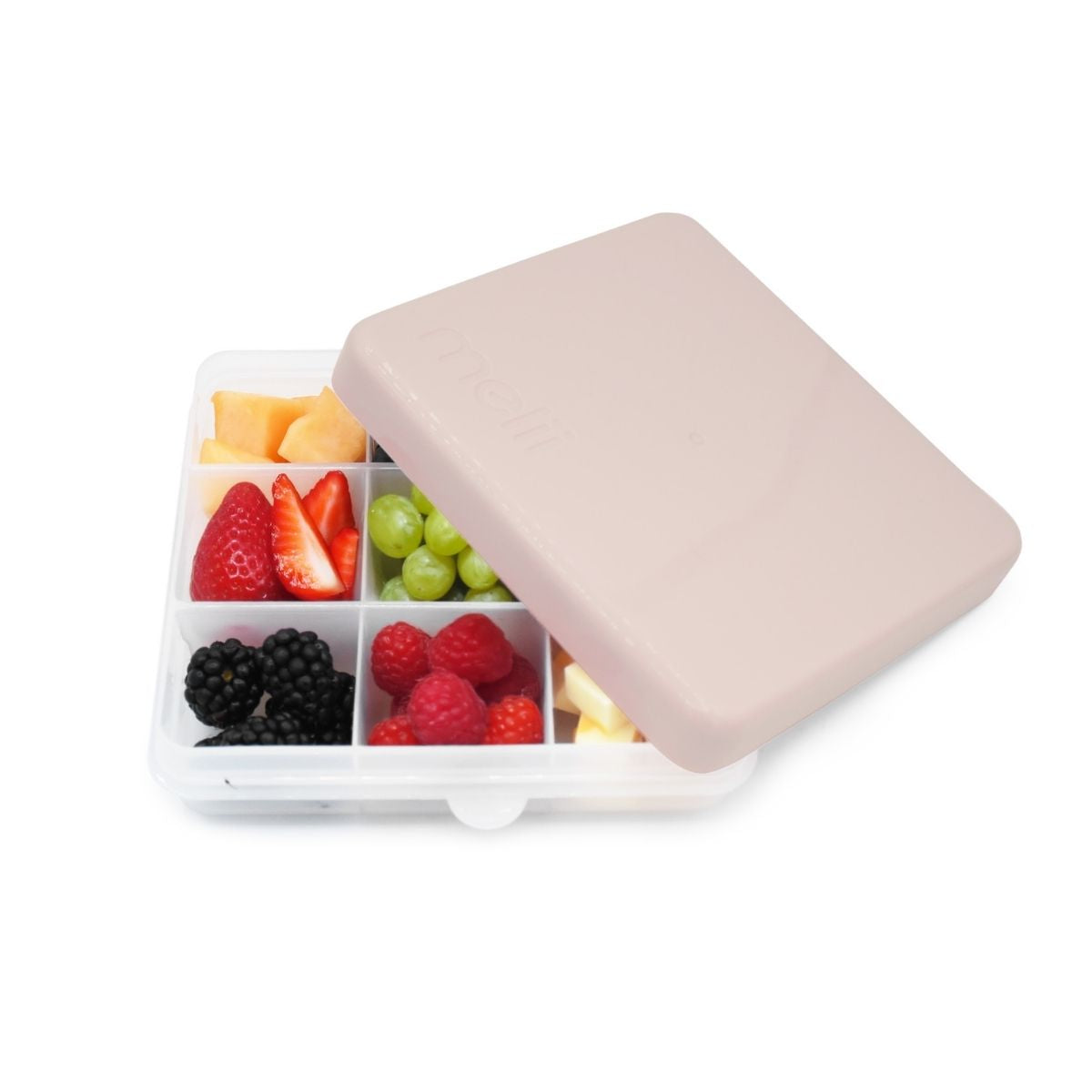 A light pink snack container  for kids snacks to eat whilst on the go or travelling.