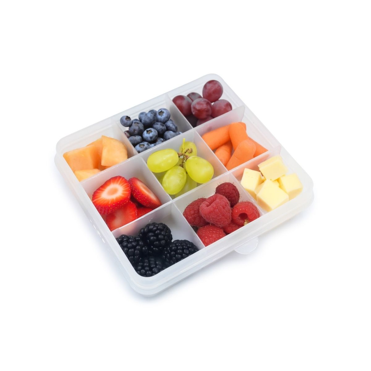 The 9 compartment container open showing what types of food it can hold.