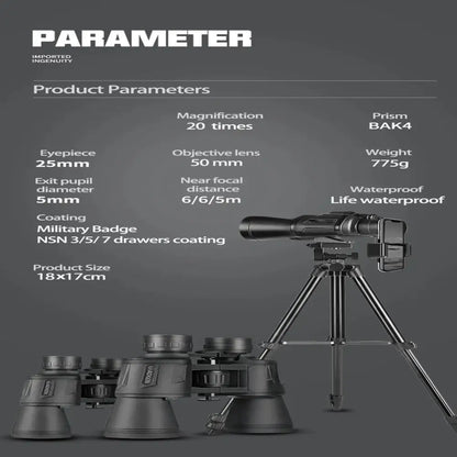 Military HD Binoculars – Long Range BAK4 Prism (20x50)