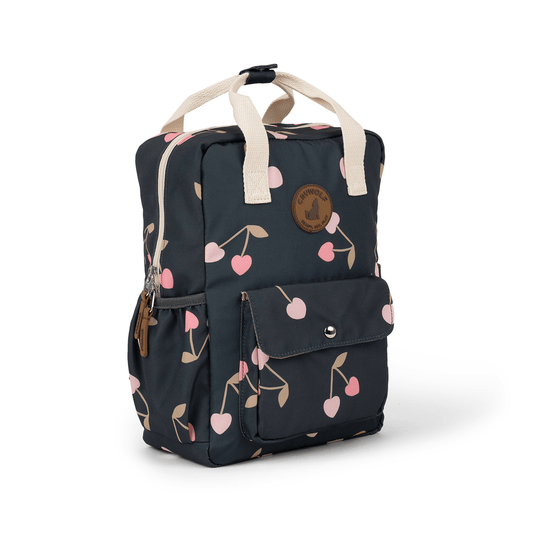 Dark blue backpack with light pink and true pink loveharts that look like cherries