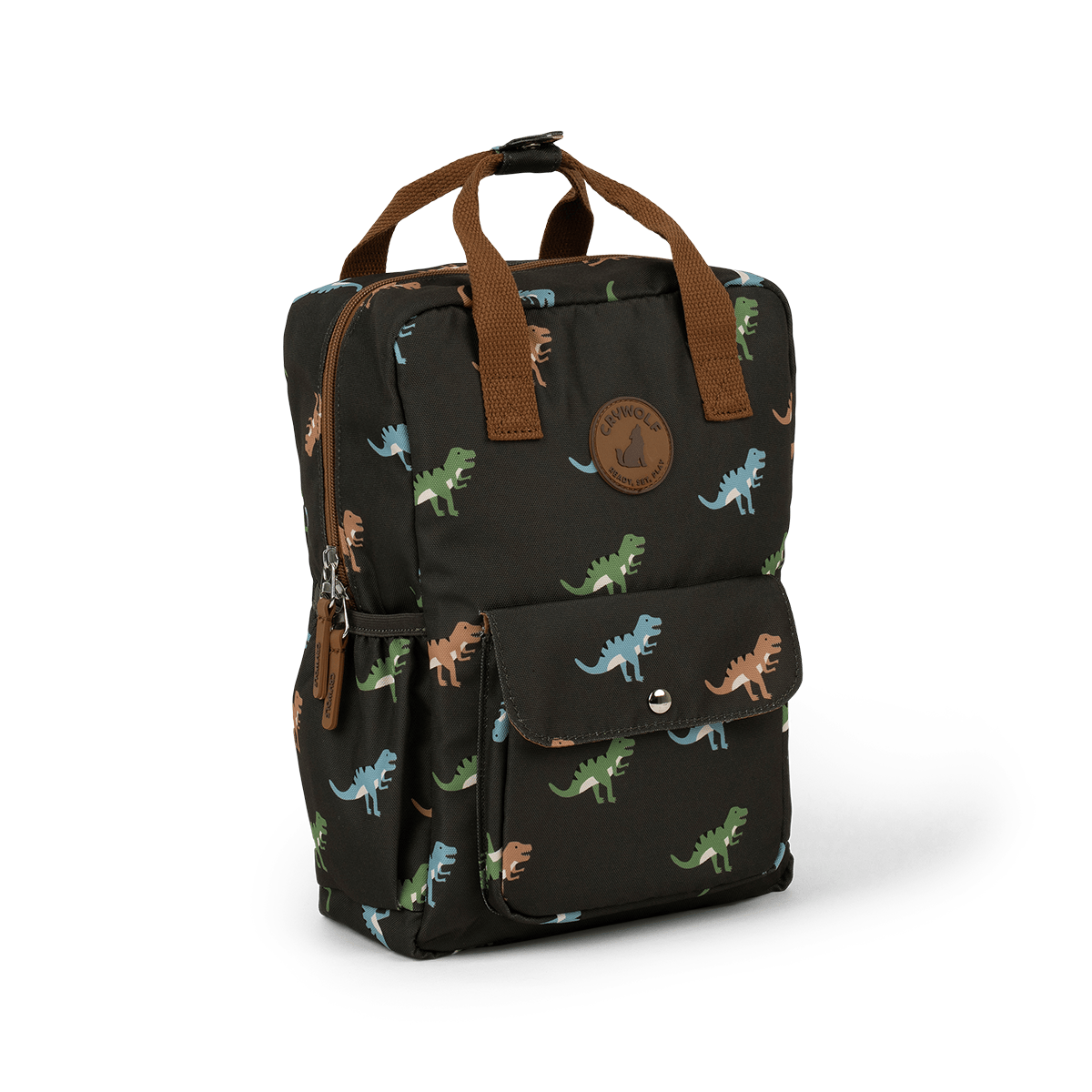 Black backpack with blue, green and tan coloured t-rex dinosoars