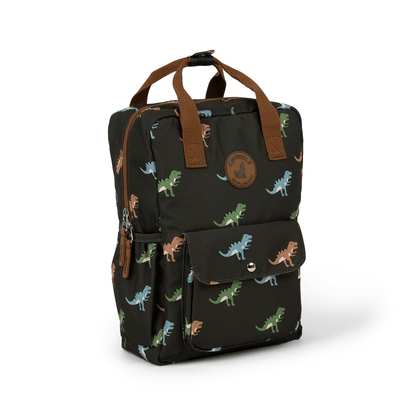 Black backpack with blue, green and tan coloured t-rex dinosoars