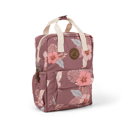 Purple backpack with muted pink and blue hawaiian flowers and leaves