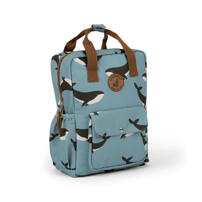 Light blue backack with whales 
