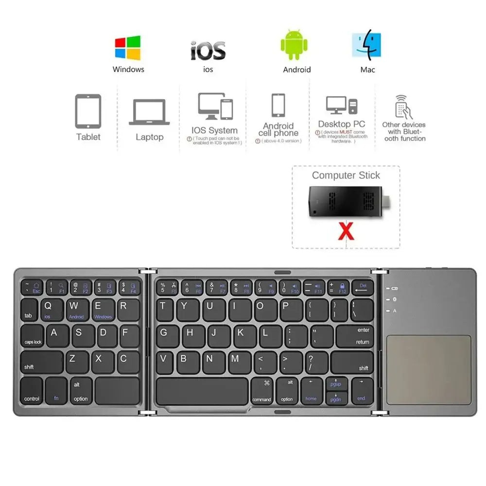 Mini Foldable Bluetooth Keyboard with Touchpad, Rechargeable Wireless Ultra-Slim Pocket Keyboard for Tablet & Laptop