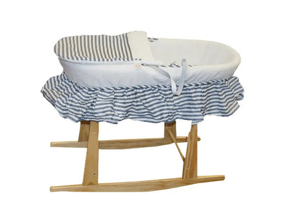 Natural Wicker Flat Moses & Linen Set  - White with Blue Striped Skirt (Stand is not included) - Babyonline