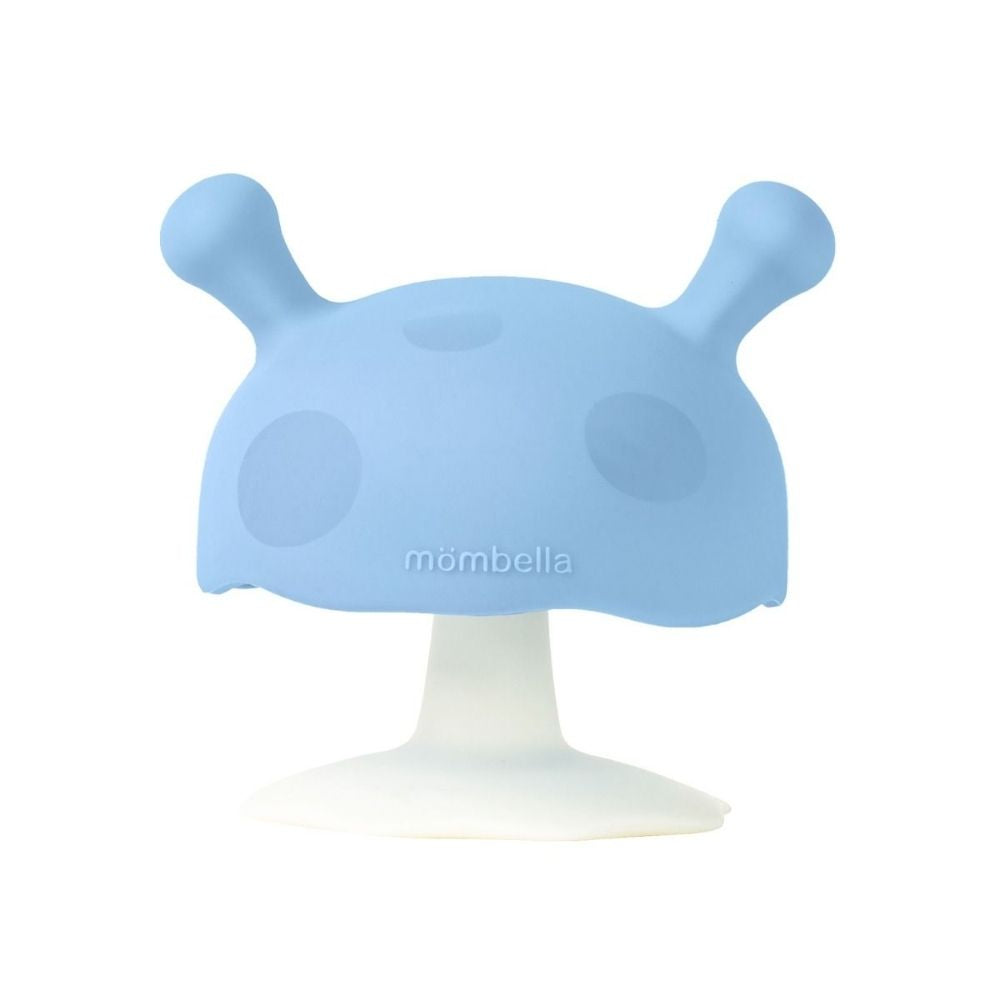 The mombella blue mushroom silicone teether. Great for teething babies.