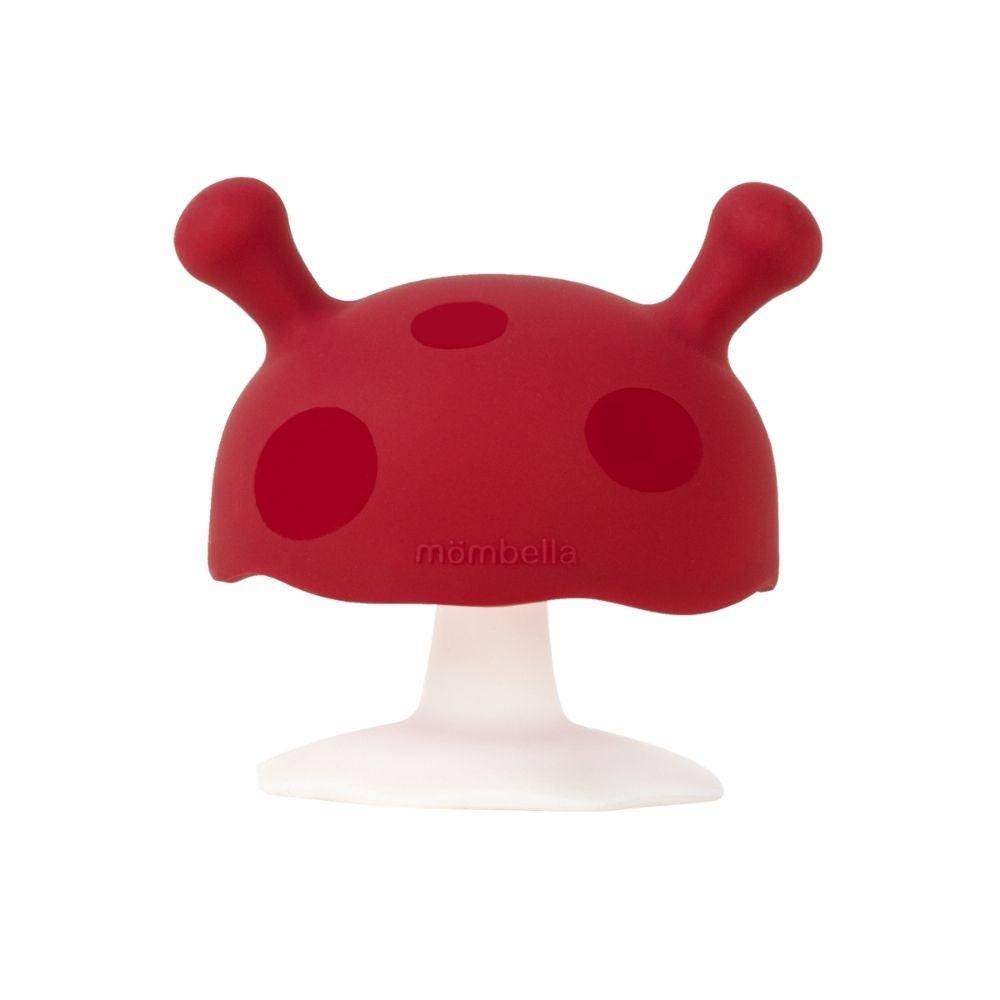 The mombella chimney red mushroom silicone teether. Great for teething babies.