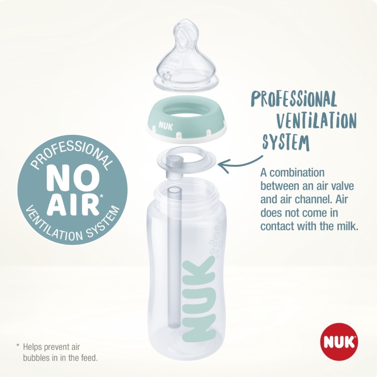 A diagram of the colic system in place on the nuk baby bottle.