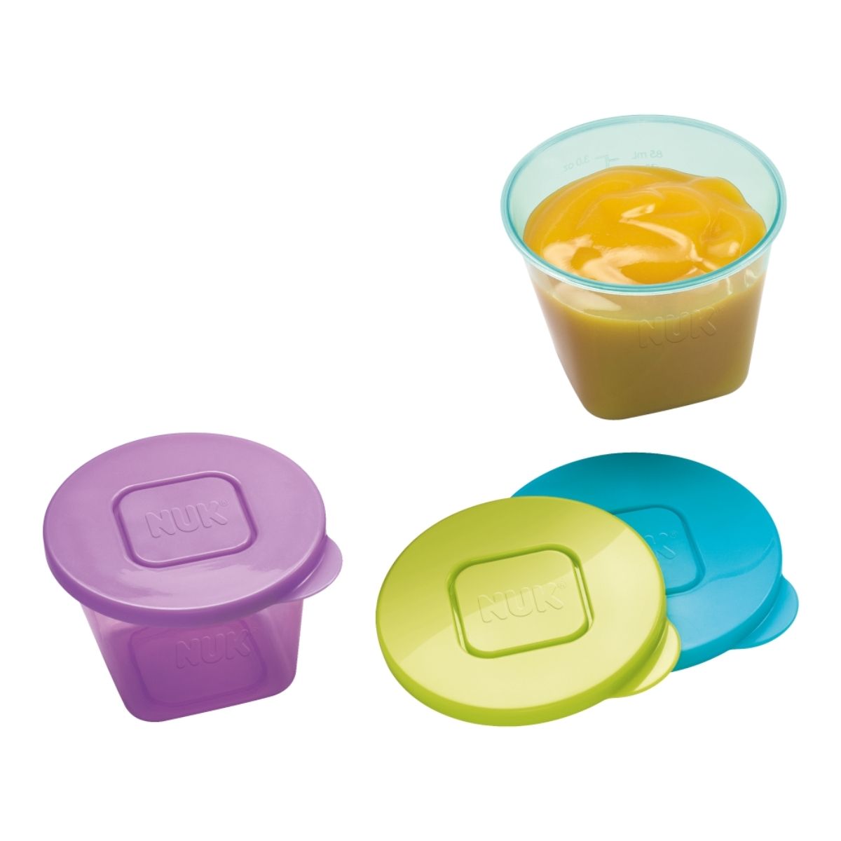 3 Colours. Food pot with pumpkin puree inside.