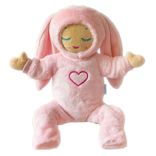 A plush Lulla doll wearing a gray two-piece outfit with a heart symbol on the bodysuit and a hood with ears, resembling a bunny.