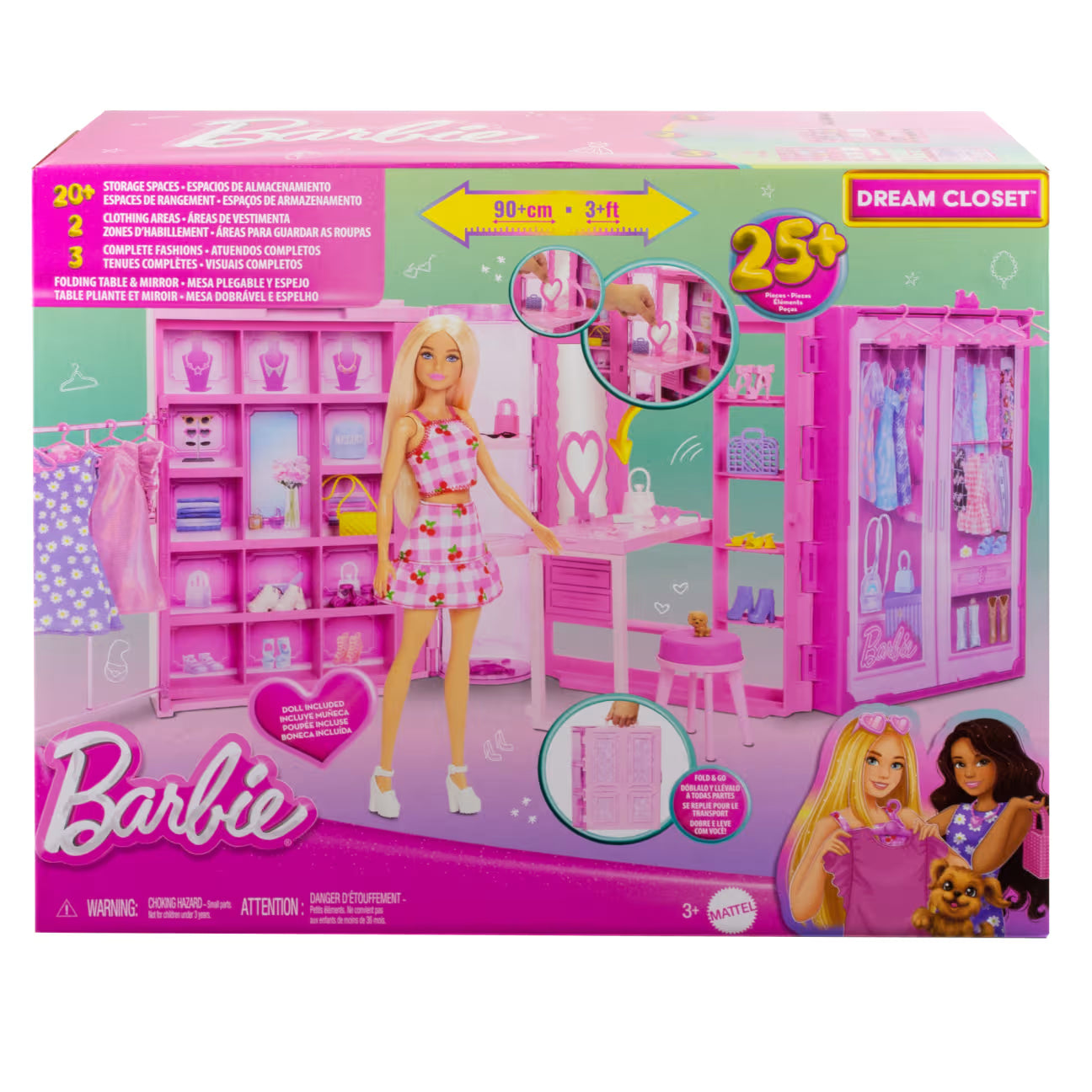 Barbie Dream Closet toy set packaging with doll and room setup illustration