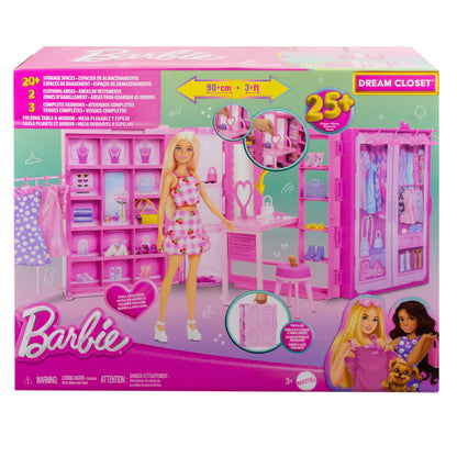 Barbie Dream Closet toy set packaging with doll and room setup illustration