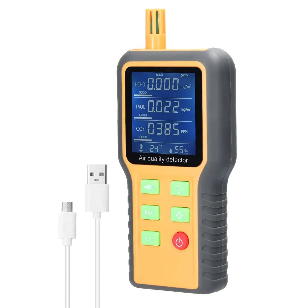 Portable Air Quality Monitor – CO2, TVOC, HCHO, Temperature & Humidity Detector (5-in-1)