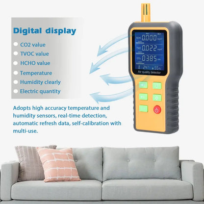 Portable Air Quality Monitor – CO2, TVOC, HCHO, Temperature & Humidity Detector (5-in-1)
