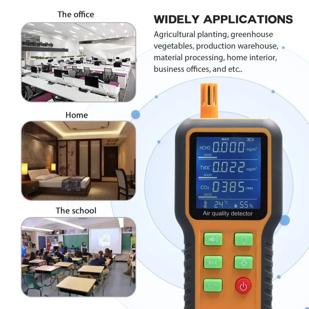 Portable Air Quality Monitor – CO2, TVOC, HCHO, Temperature & Humidity Detector (5-in-1)