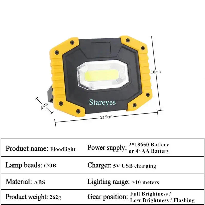 20W Rechargeable COB LED Floodlight Portable Outdoor Torch with Optional 18650 Battery