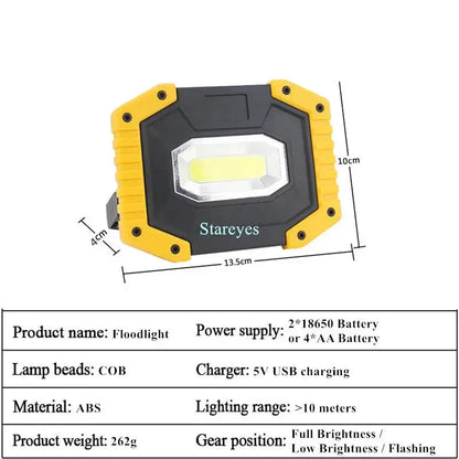20W Rechargeable COB LED Floodlight Portable Outdoor Torch with Optional 18650 Battery