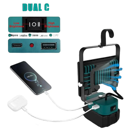 Cordless Rechargeable LED Work Light 6000K Portable Floodlight for Makita Batteries & Job Site Use