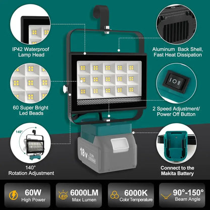 Cordless Rechargeable LED Work Light 6000K Portable Floodlight for Makita Batteries & Job Site Use