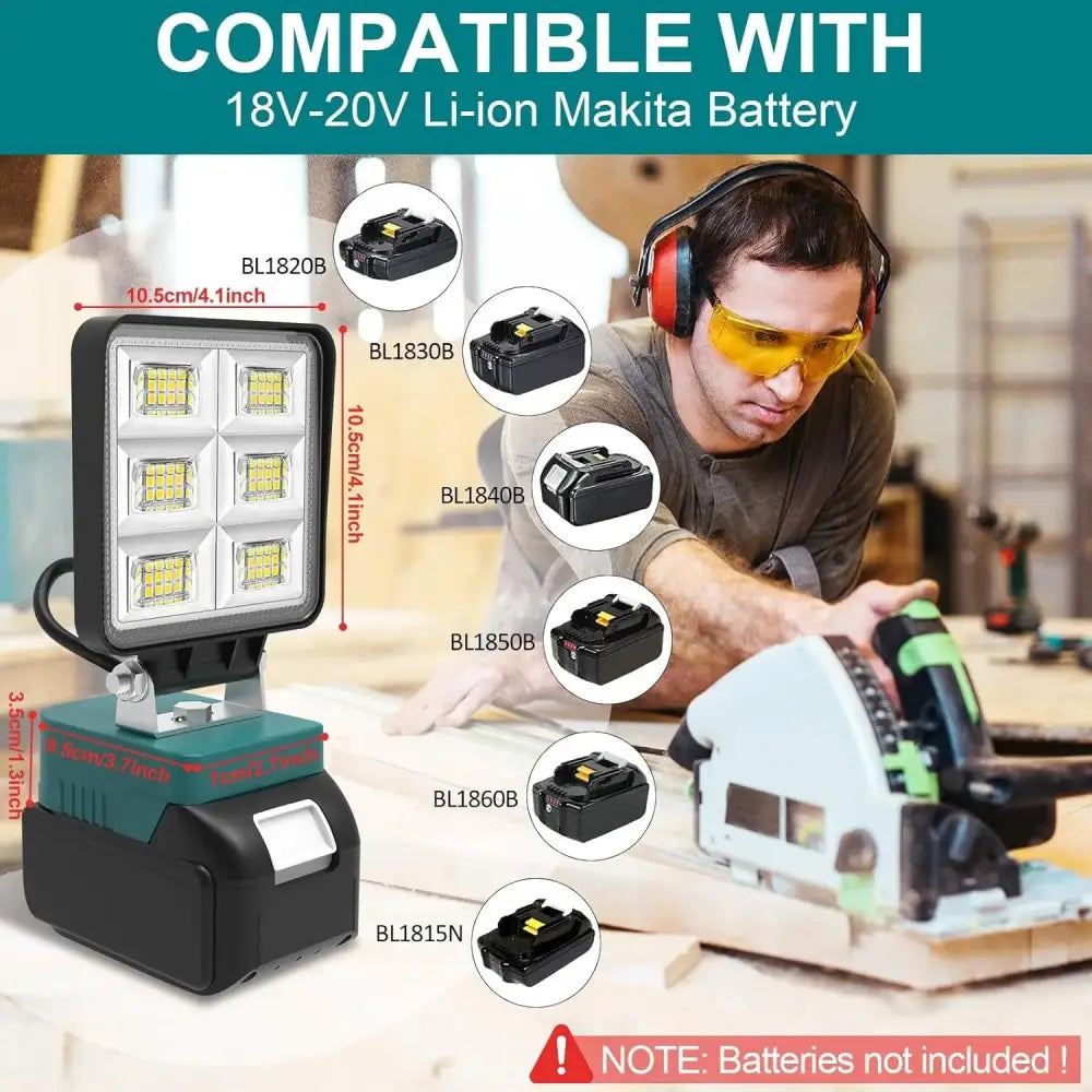 Cordless Rechargeable LED Work Light 6000K Portable Floodlight for Makita Batteries & Job Site Use