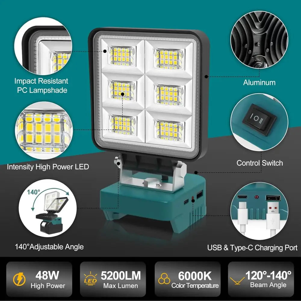 Cordless Rechargeable LED Work Light 6000K Portable Floodlight for Makita Batteries & Job Site Use