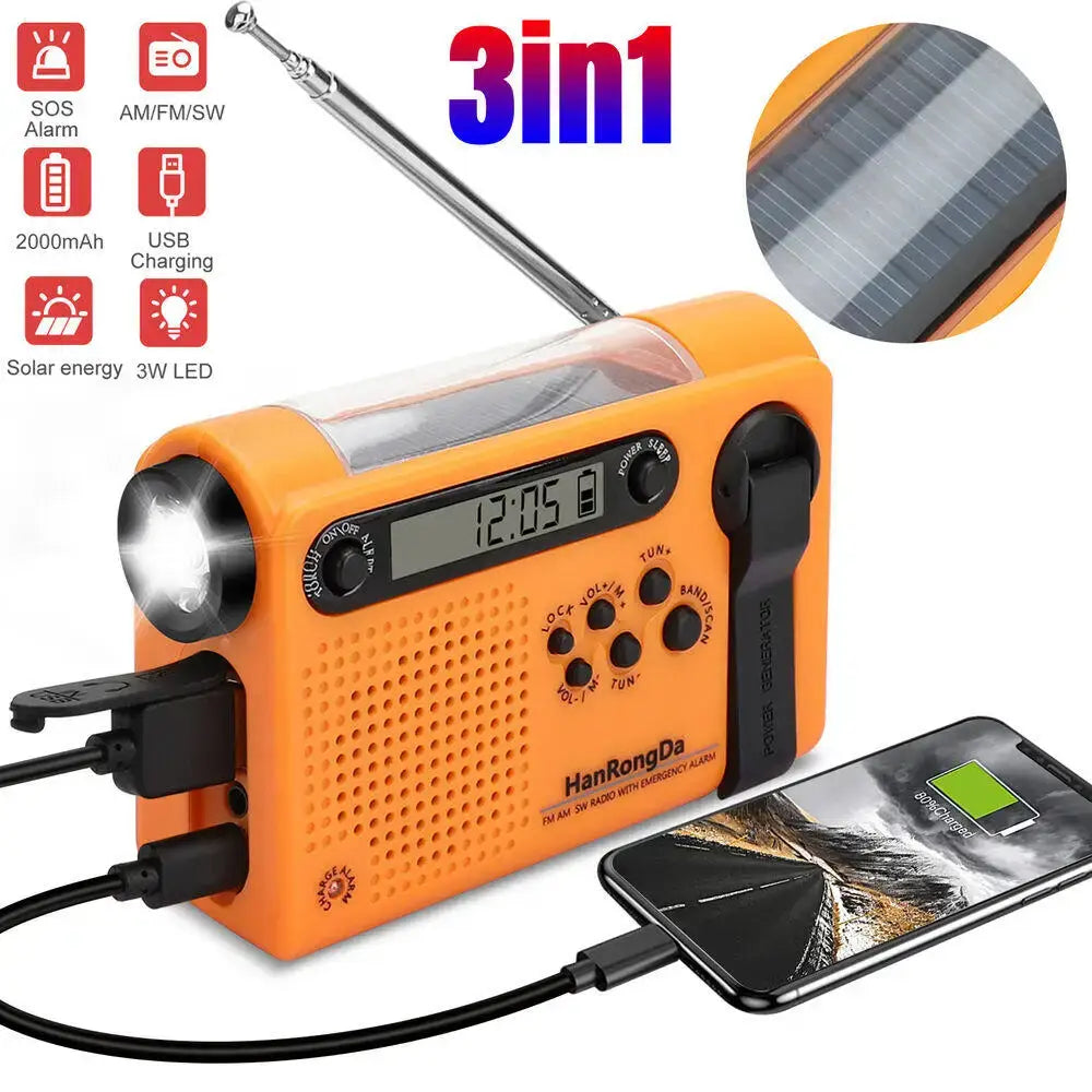 Portable Solar Hand Crank Radio with Power Bank & Flashlight